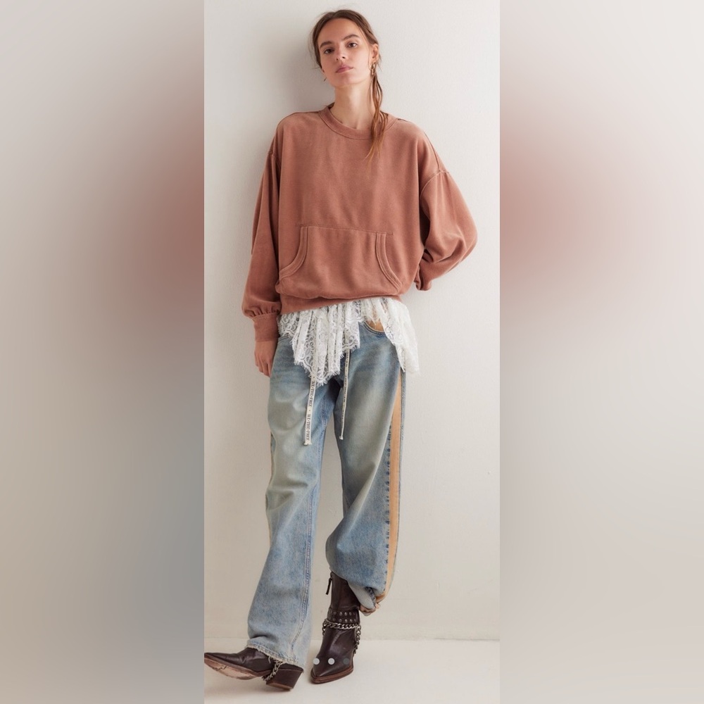 New Free People S We the Free Preston Velour Pullover in Latte Brown New Top - Picture 4 of 7